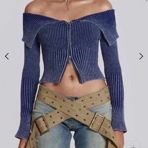 Jaded London Tribeca Blue Ribbed Off The Shoulder Knit